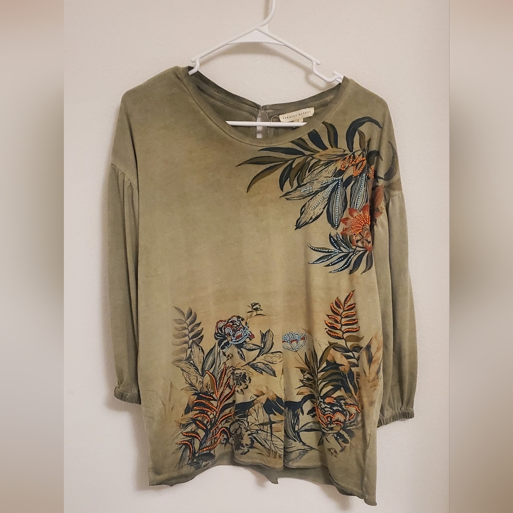 Farmers Market Floral Beaded Boho Olive Green Women's Top Size Large Spring